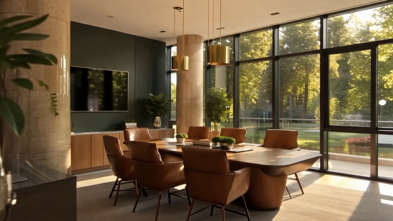 Sunlit executive meeting room with a walnut table and refined architectural details